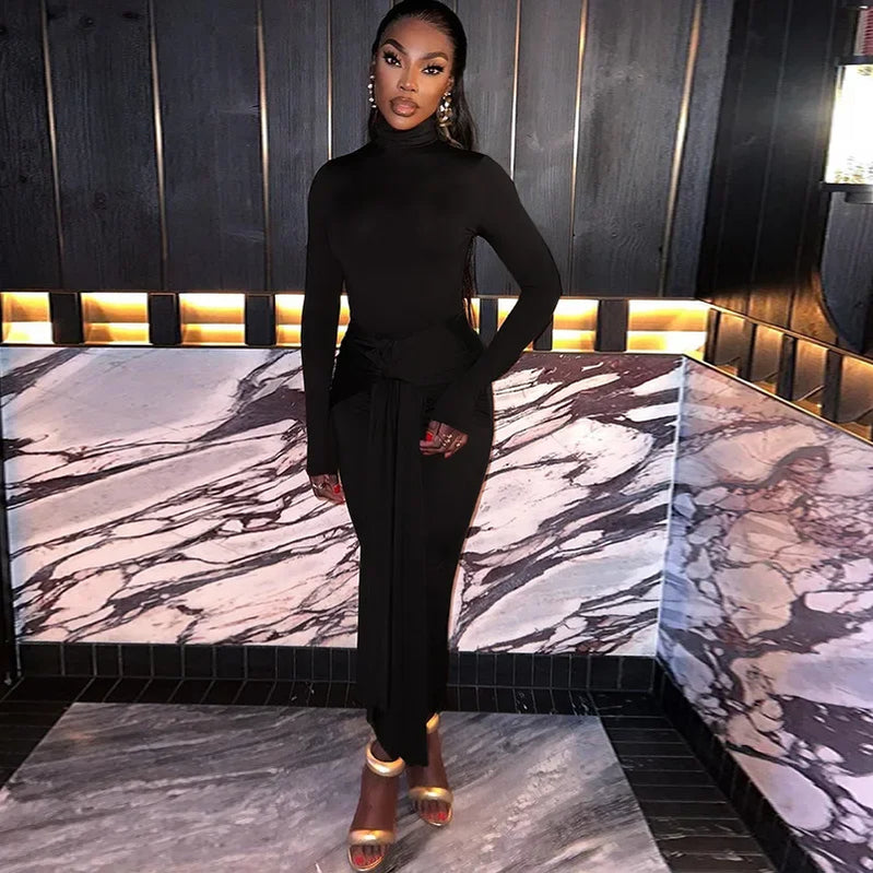 CM.YAYA Women Full Sleeve Turtleneck Ribbon Ruched Long Maxi Dress 2025 Spring Sexy Street Slim Evening Night Club Party Dresses