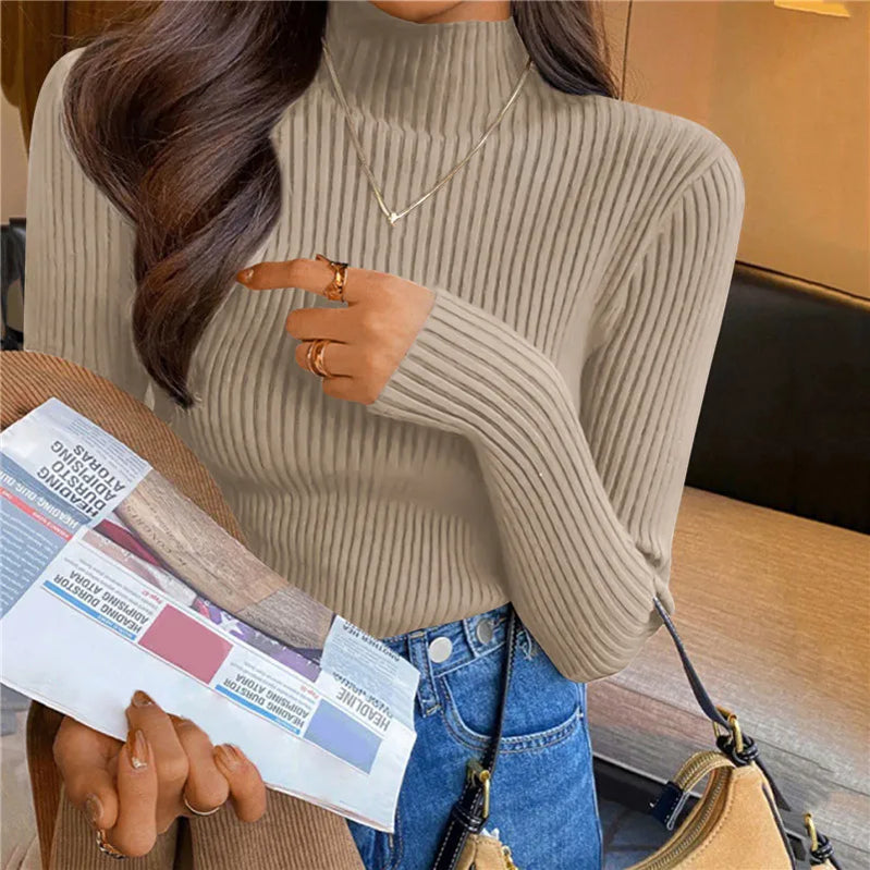 Winter Turtleneck Women's Sweater Knitted Pullover Soft Slim Long Sleeve Top Solid Color Basic High Neck Jumper Woman Clothing C-half neck-Khaki One Size(40-65kg)