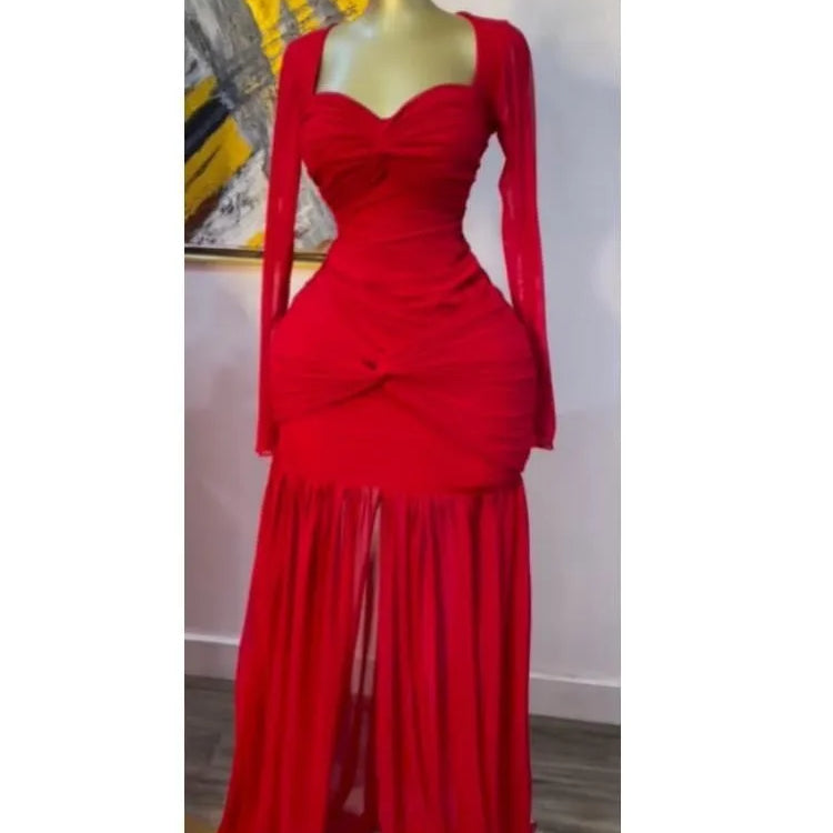 CM.YAYA Women Stacked Ruched Draped High Split Pleated Maxi Long Bodycon Dress 2025 Holiday Birthday Club Party Evening Dresses