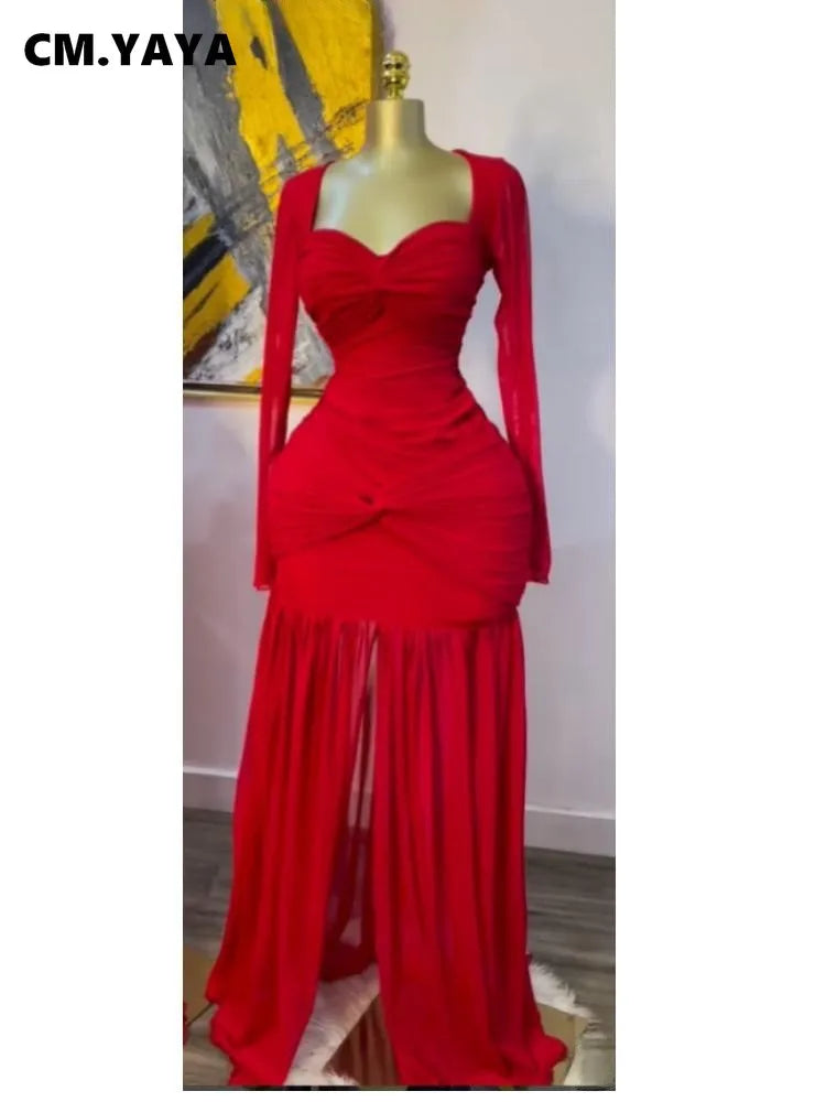 CM.YAYA Women Stacked Ruched Draped High Split Pleated Maxi Long Bodycon Dress 2025 Holiday Birthday Club Party Evening Dresses