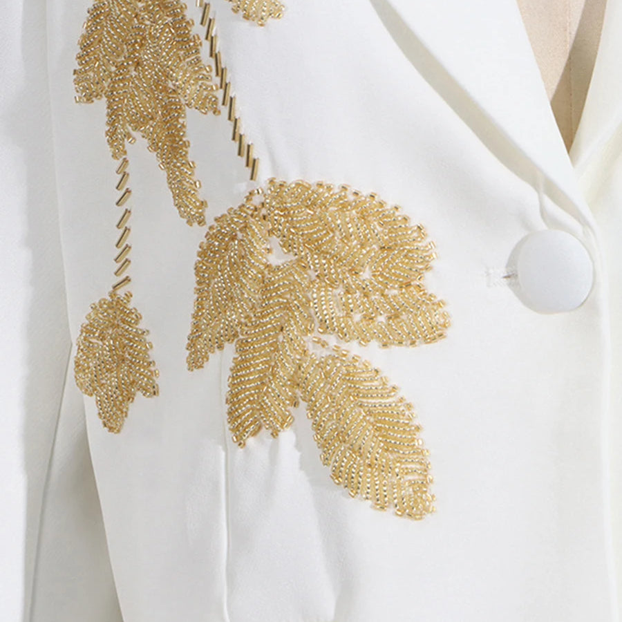 TWOTWINSTYLE Solid Slimming Two Piece Sets for Women Lapel Long Sleeve Patchwork Bead Top High Waist Pant Temperament Set Female