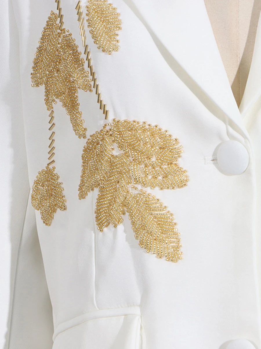 TWOTWINSTYLE Solid Slimming Two Piece Sets for Women Lapel Long Sleeve Patchwork Bead Top High Waist Pant Temperament Set Female