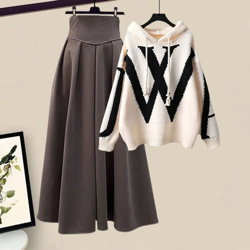 Women's Autumn Winter New Knit Hooded Sweater High Waist Midi Skirt Two Piece Korean Elegant Loose Pullover Dress Matching Set Set 01