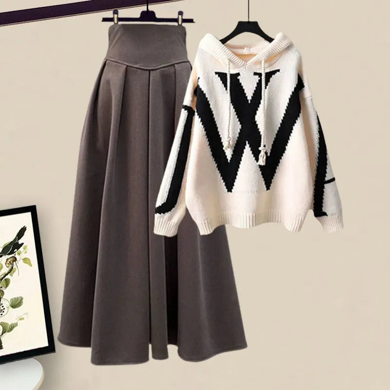 Women's Autumn Winter New Knit Hooded Sweater High Waist Midi Skirt Two Piece Korean Elegant Loose Pullover Dress Matching Set Set 01