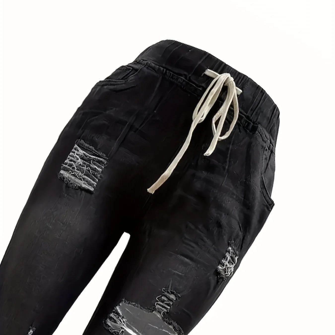 Black Ripped Holes Skinny Jeans, Slim Fit Distressed Raw Hem Elastic Waist Denim Pants, Women's Denim Jeans & Clothing