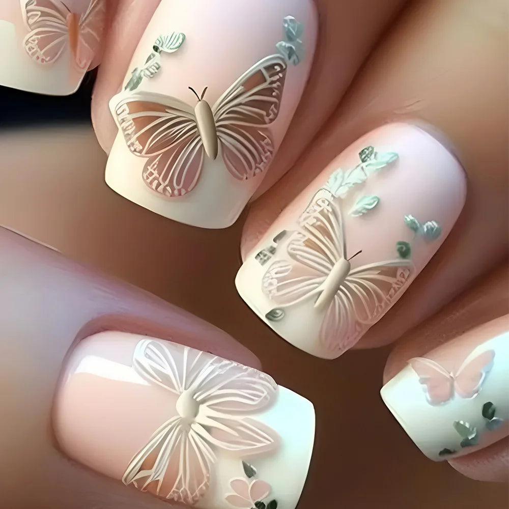 Fake Nails Full Cover Leaf Butterfly Design Art with Glue Wearing French Ballet False Nails Detachable Mid-length Manicure 24Pcs