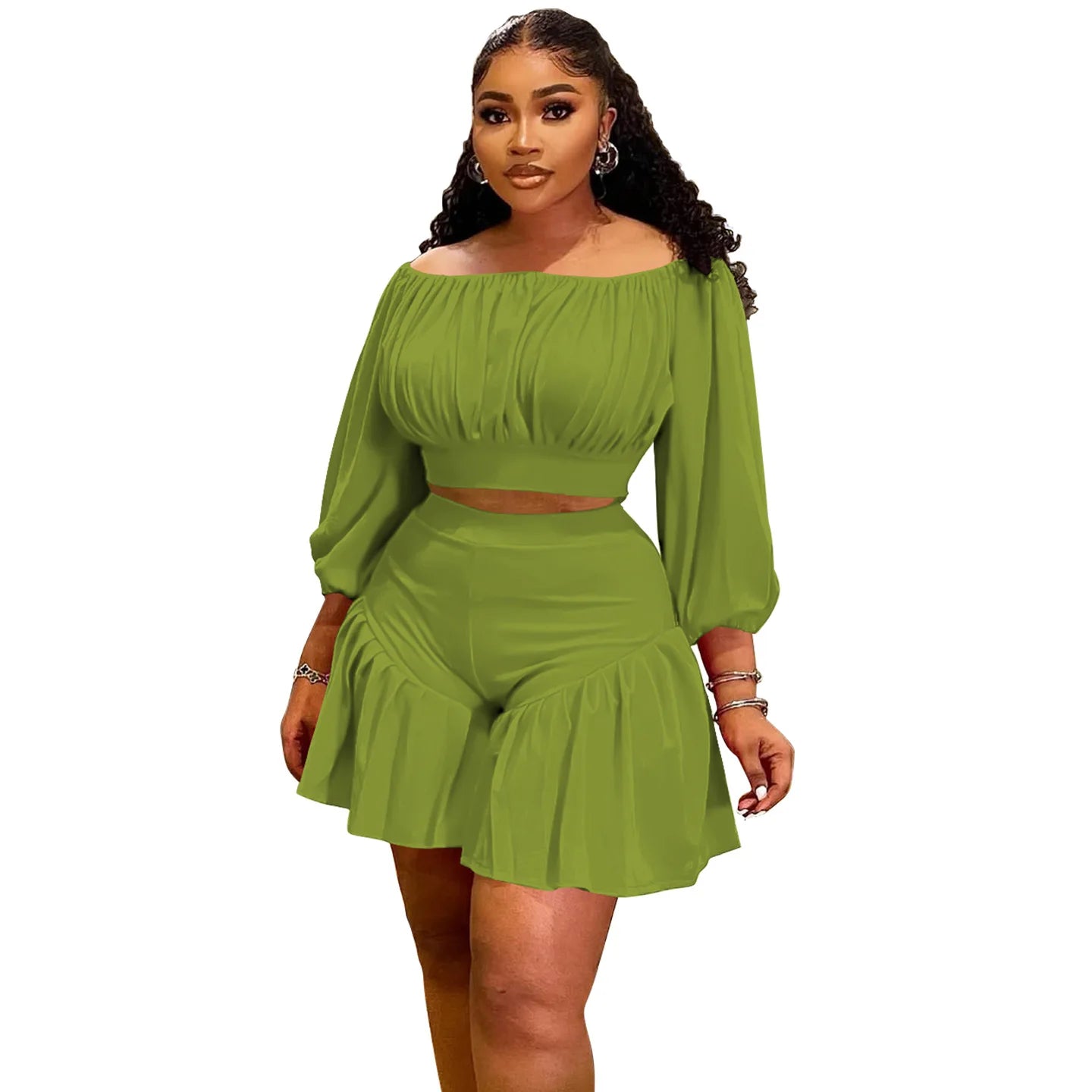 CM.YAYA Plus Size Women's Set Long Sleeve Slash Neck T-Shirt and Shorts 2025 Summer Ruched Two 2 Piece Set Outfits Tracksuit