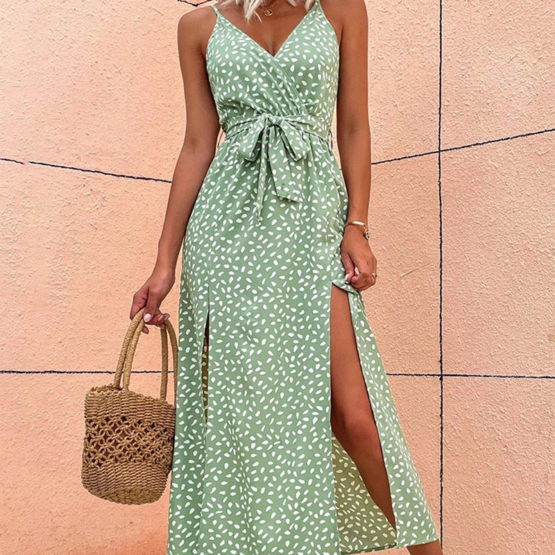 Summer Floral Print Long Dress Women Sexy Backless Bandage Slit Beach Sundresses Casual Elegant Black V Neck Sleeveless Dress Light Green