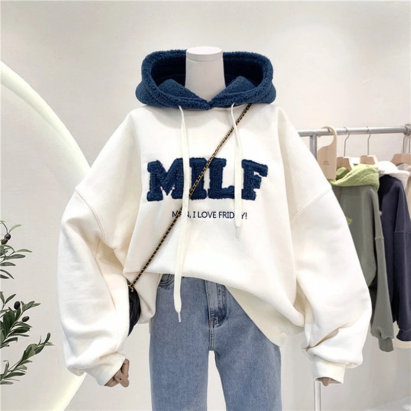Fashion Patchwork Oversize Sweatshirt Women Winter Casual Loose Cotton Thick Letter Long Sleeve Hoodies Female Streetwear Beige