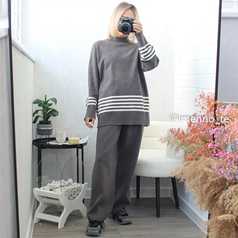 GIGOGOU Euro Designer Autumn Winter Women Sweater Tracksuit 2 piece Set Oversized Ladys Knitwear + Wide Leg Pants Warm Suits