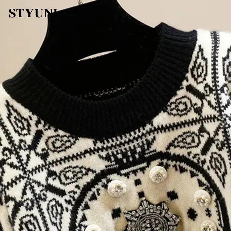 Black Acrylic Knitted Diamonds Beading O-Neck Long Sleeve Women's Sweater Korean Fashion Chic Pullover Sweaters Autumn Winter