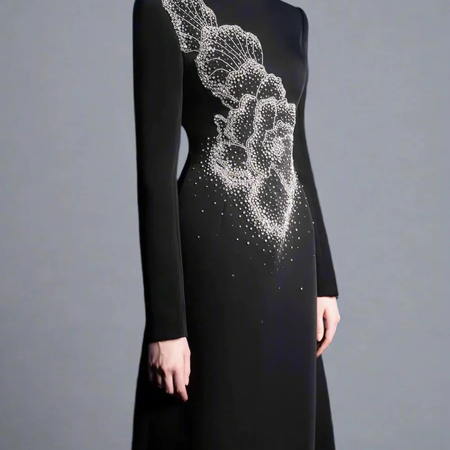 TWOTWINSTYLE Solid Spliced Stick Drill Elegant Dresses for Women Round Neck Long Sleeves Temperamnet Dress Female Fashion New