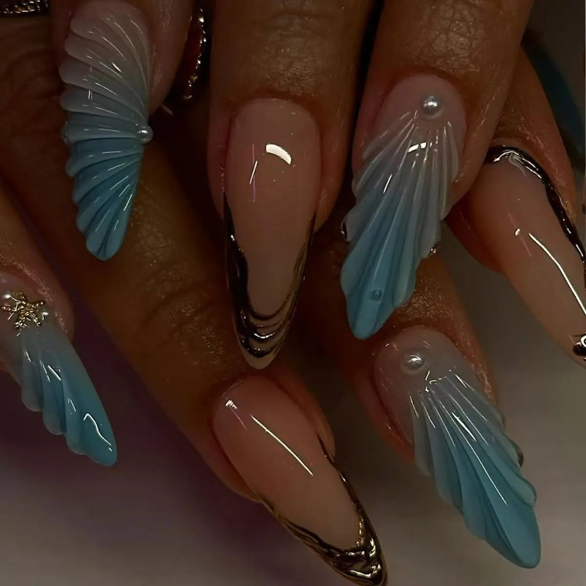 24Pcs Long Stiletto Fake Nails Press on 3D Shell Irregular Metal Design Full Cover Nails Tips Pink Smudge Detachable False Nails