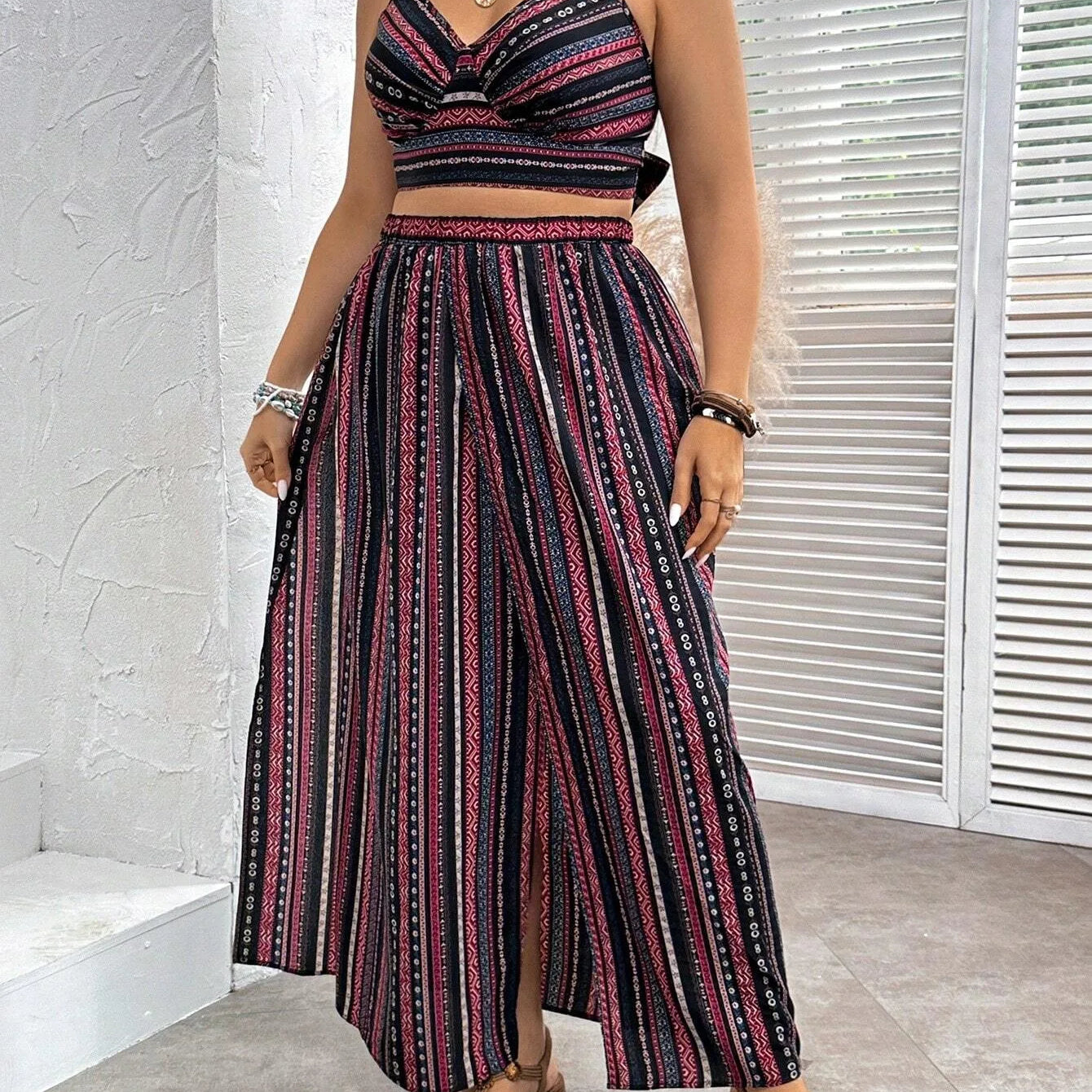 Plus Size Summer Striped Print 2 Two Piece Set Women Sexy Slim Ladies Cropped Sleeveless Slip Tops Split Loose Modis Woman Skirt