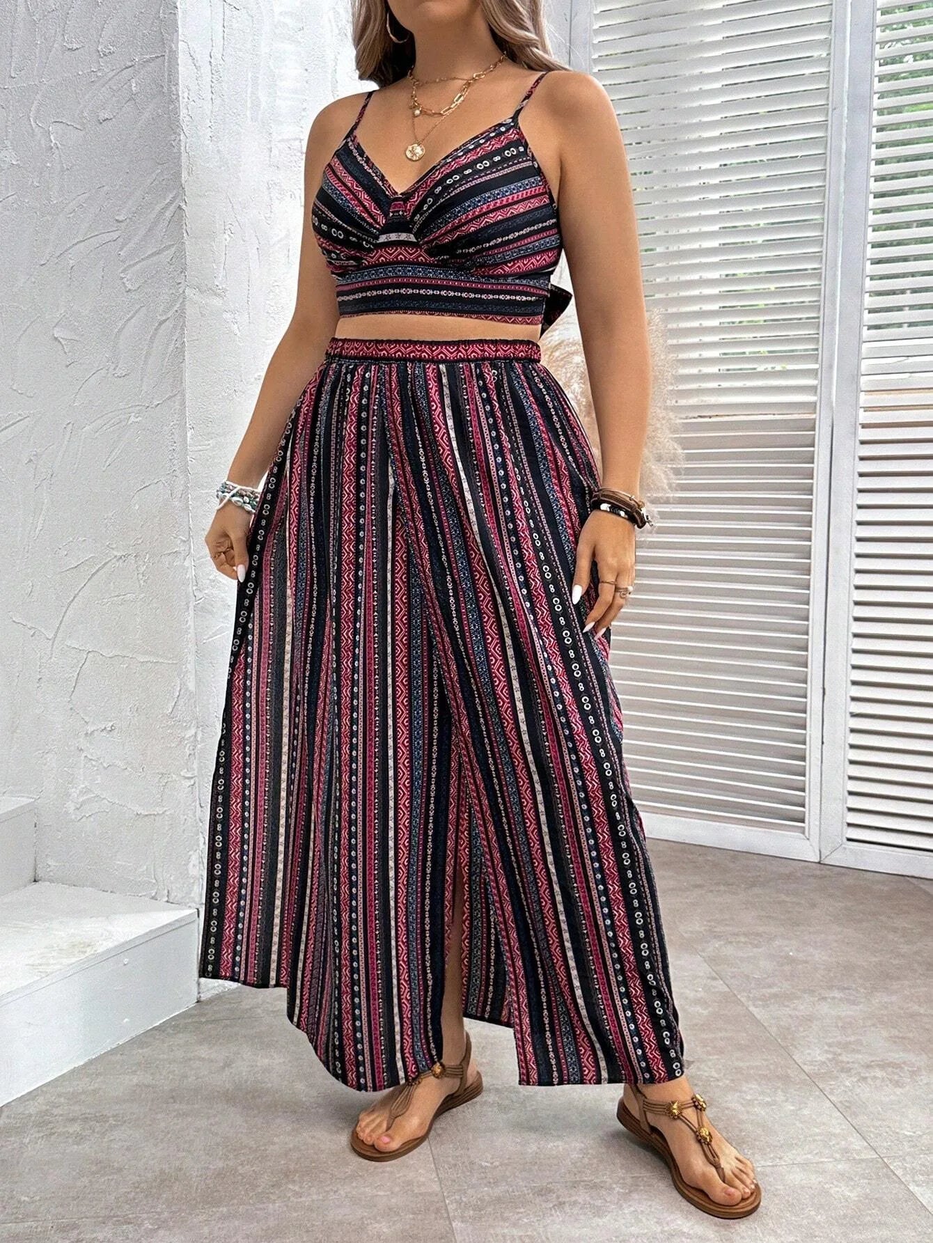 Plus Size Summer Striped Print 2 Two Piece Set Women Sexy Slim Ladies Cropped Sleeveless Slip Tops Split Loose Modis Woman Skirt
