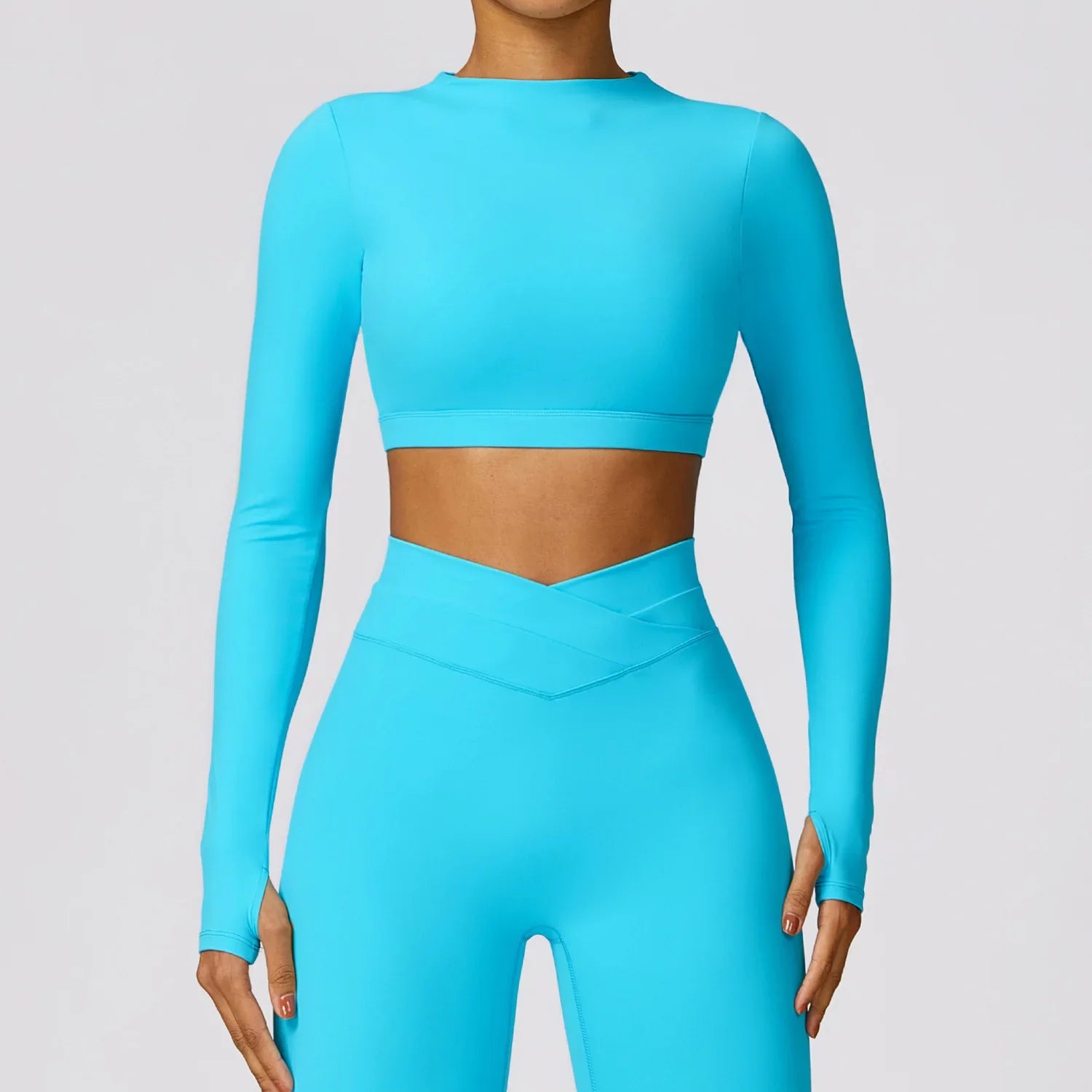 New Women's Long Sleeve Top Yoga Shirts Running T-Shirt Workout Running Fitness Gym Sports Top Training Crop Top Solidcolor lake blue CHINA