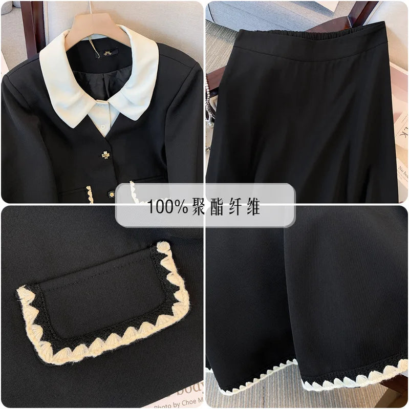 150Kg Plus Size Women's Bust 150 Autumn New Small Fragrant Top Coat And Skirt Two Piece Set Black 5XL 6XL 7XL 8XL 9XL