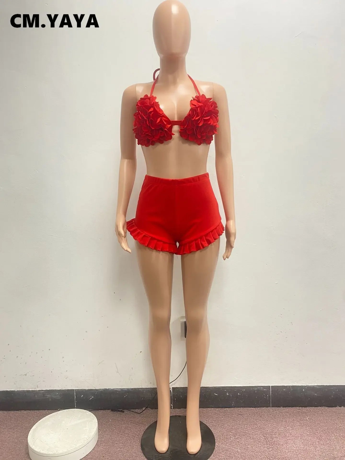 CM.YAYA Women's Set Ruffles Crop Top Bra and Shorts Bikini Set Streetwear Casual Two 2 Piece Outfits Summer 2024 Beach Holiday