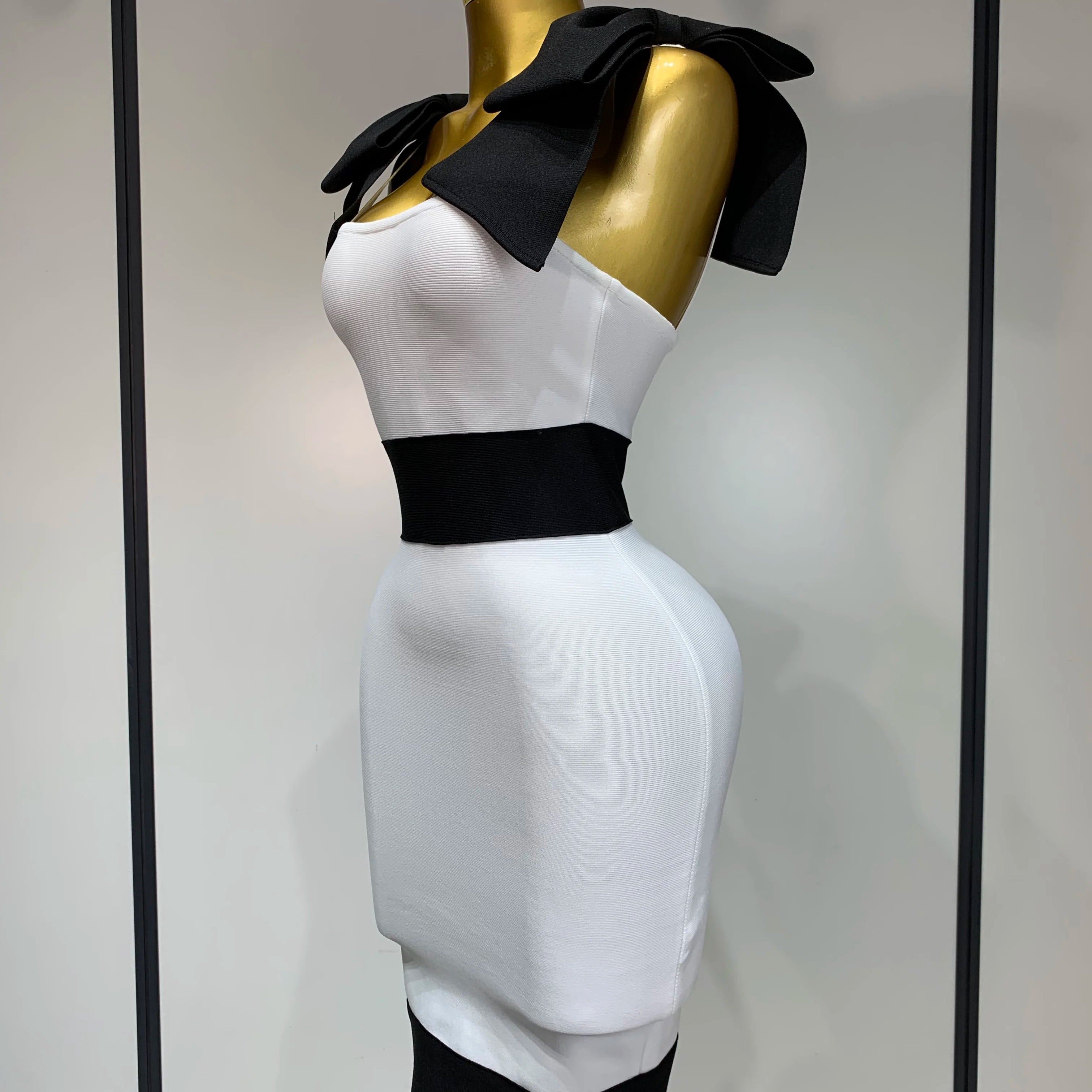 Women Sexy Bow Tie Black White Patchwork Bodycon Bandage Dress 2025 Celebrity  Elegant Evening Club Party Birthday Dresses