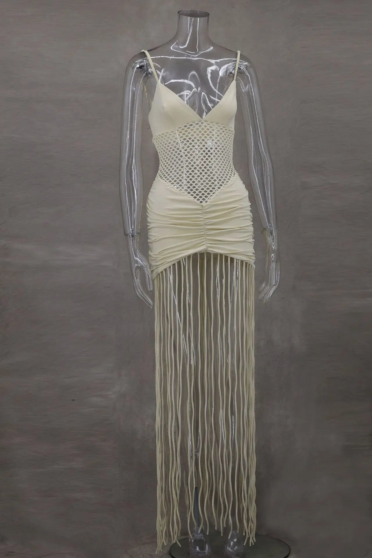 CM.YAYA Women Spaghetti Strap V-neck Sleeveless Tassel Hollow Out Midi Maxi Dress Sexy Birthday Night Party Vestidos Dresses