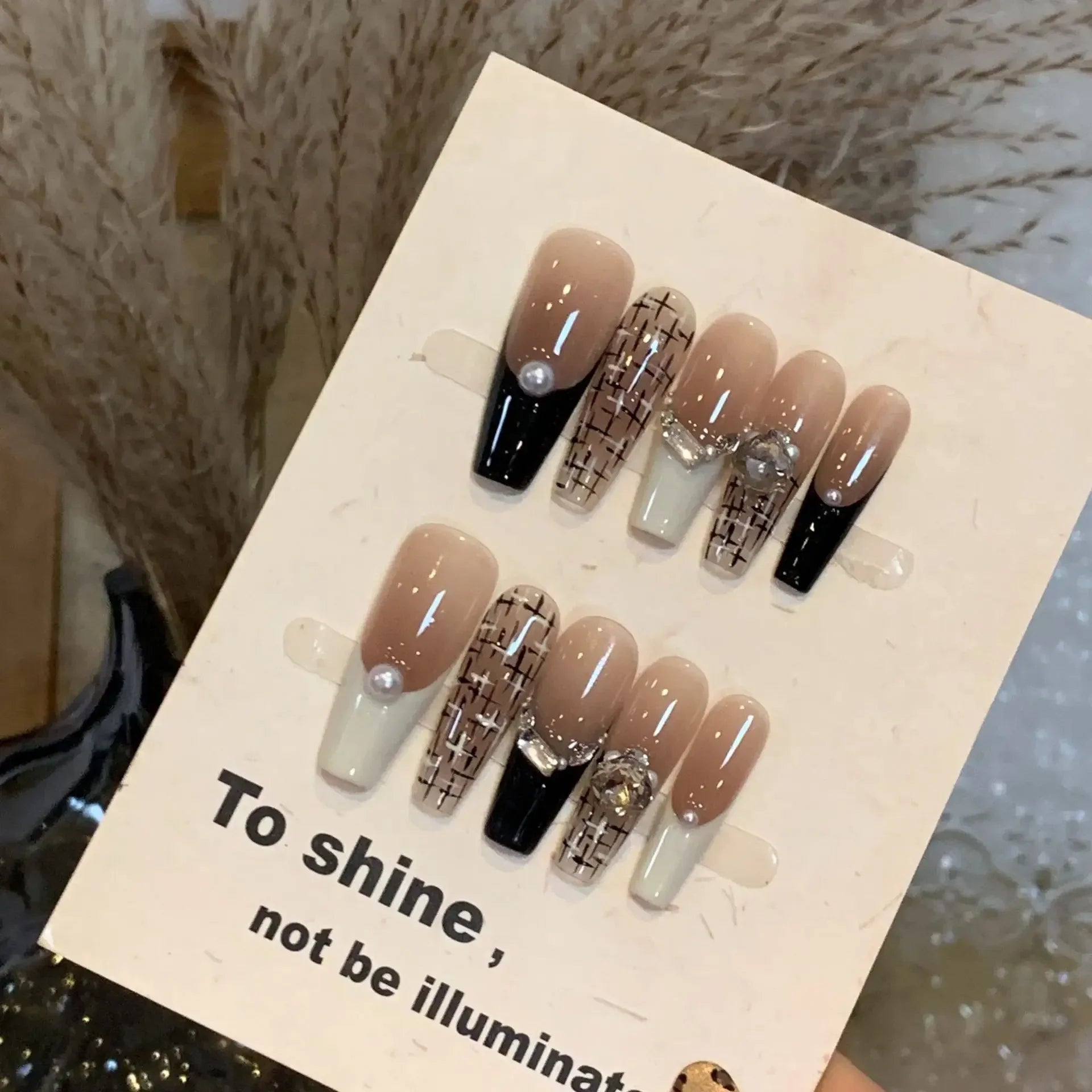 10Pcs Autumn Winter Long Coffin Handmade False Nails Swallow Gird French Press on Nail Glossy Pearl Full Cover Acrylic Nail Tips