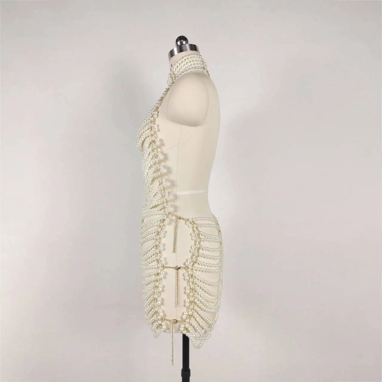 New Arrival Sexy Backless Pearl Beading Hollow Out Halter Mini Evening Dress Trendiness Party Dress Stage Performance Costume