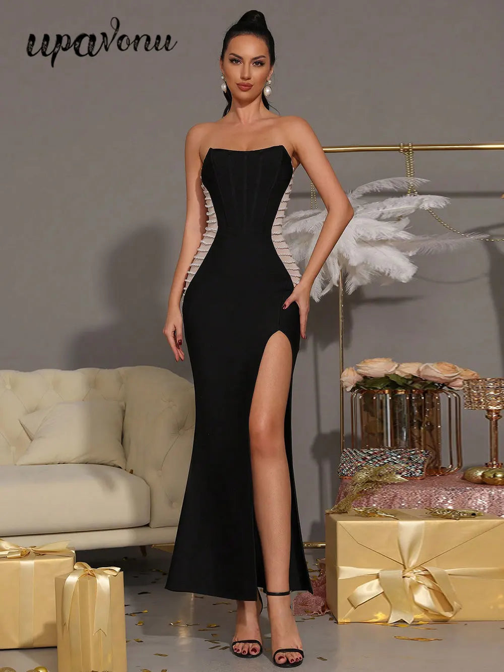 2025 Sexy Women'S Patchwork Bead Design Bandage Dress Strapless Sleeveless Bodycon Backless Split Length Dresses Party Vestidos