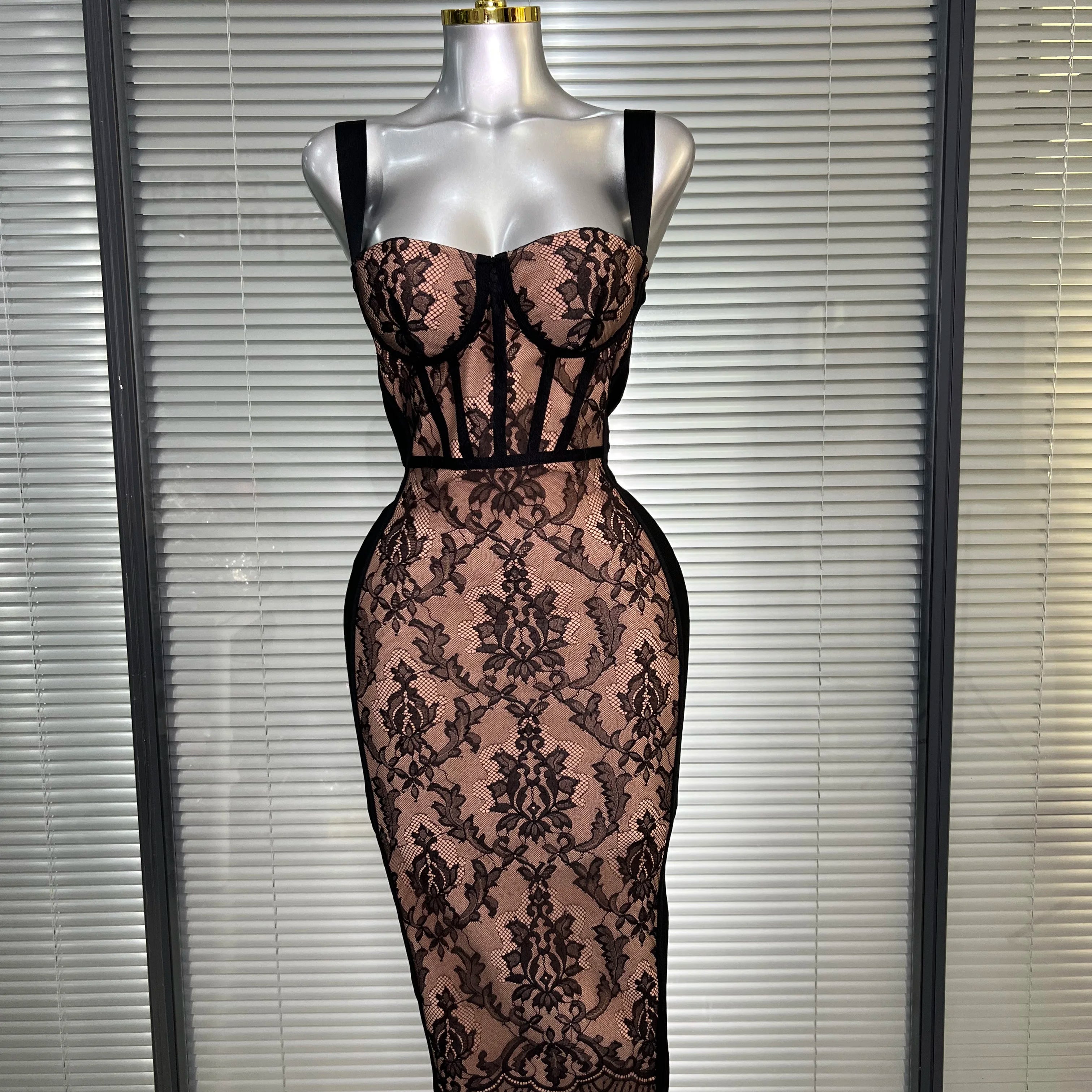 Vestido New INS Sexy Women Black Lace Midi Bandage Dress Celebrity Elegant High Street Knitted Bodycon Party Dress