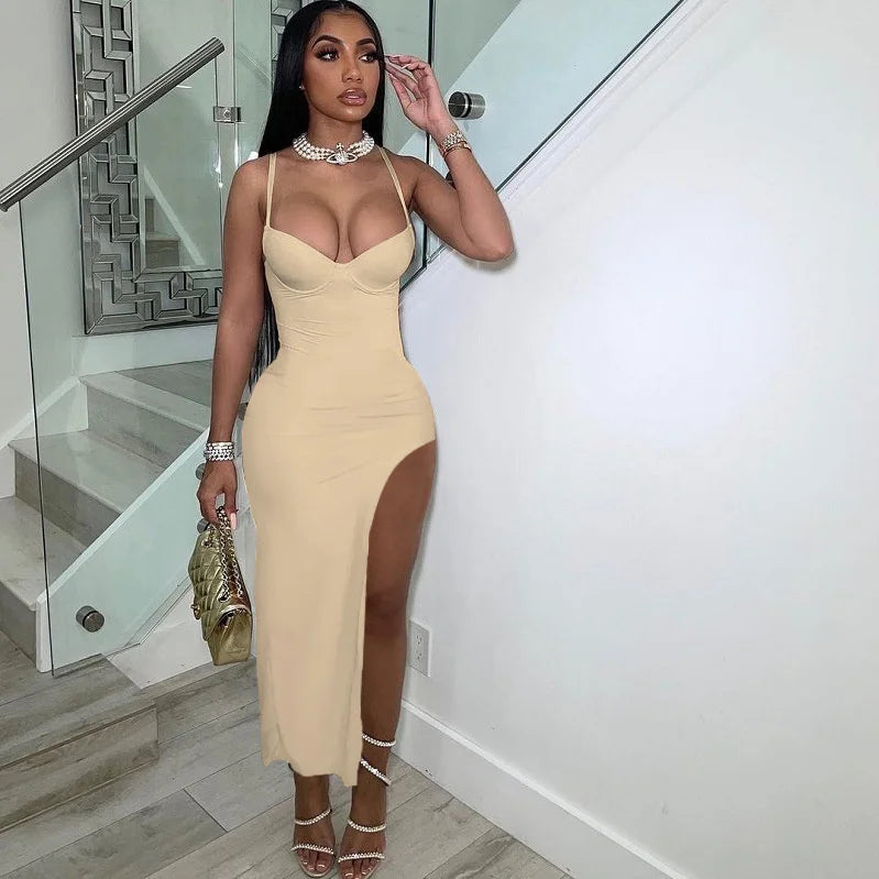 Sexy Side Cut Out Night Party Dresses Women Spaghetti Strap V-neck Backless Slim Bodycon Maxi Dress Elegant Birthday Prom Dress