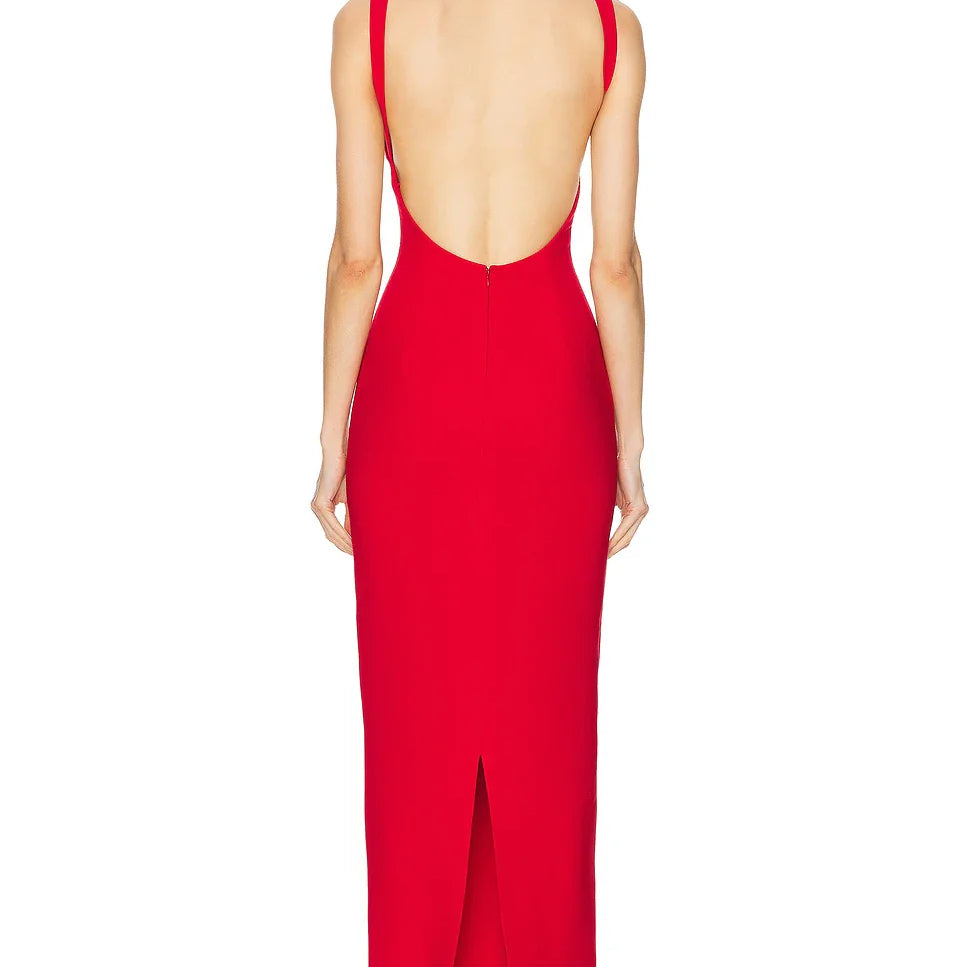 Red Color Women Sleeveless V-Neck Backless Bodycon Long Bandage Dress Celebrate Evening Party Birthday Outfit Vestido