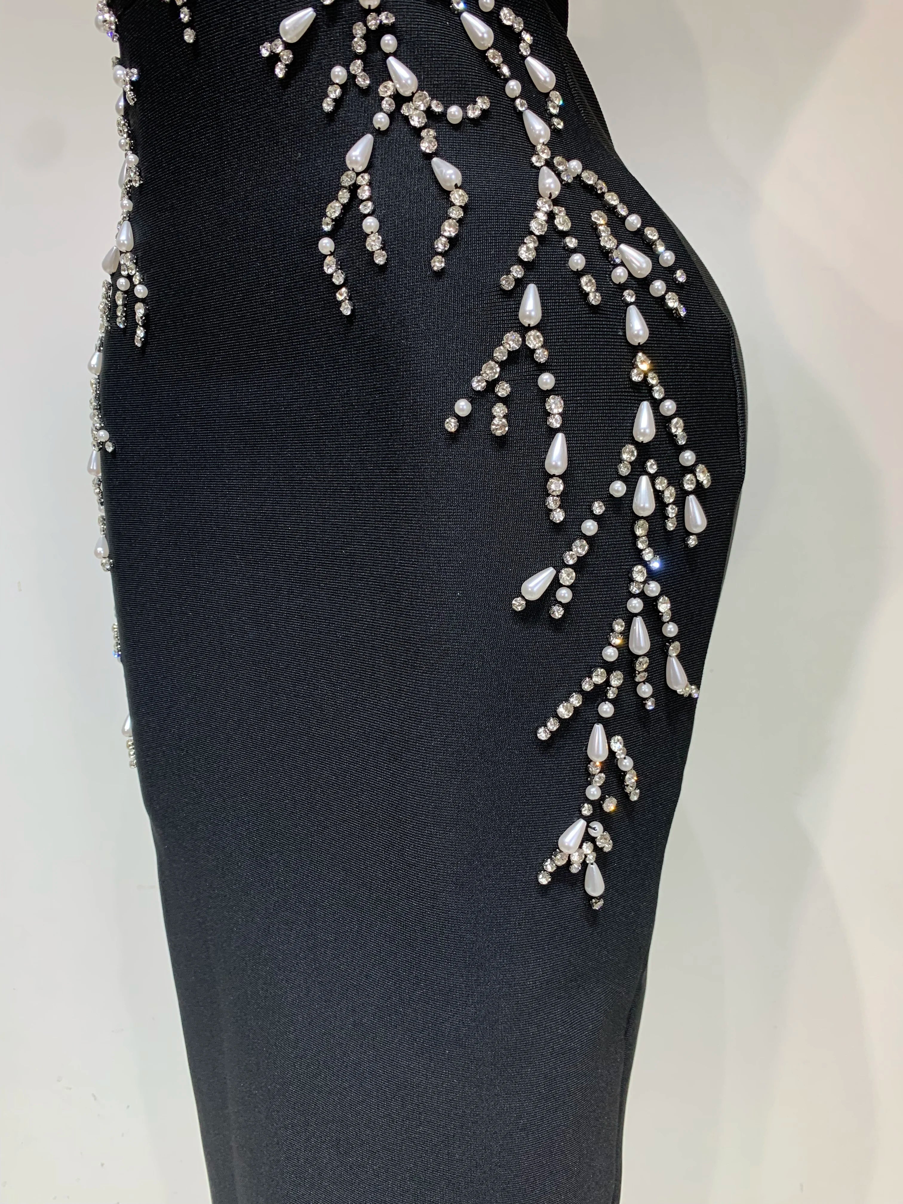 Women Sexy V Neck Black Beading Maxi Long Bodycon Bandage Dress 2025 Celebrity Elegant Evening Club Party Luxury Birthday Dress