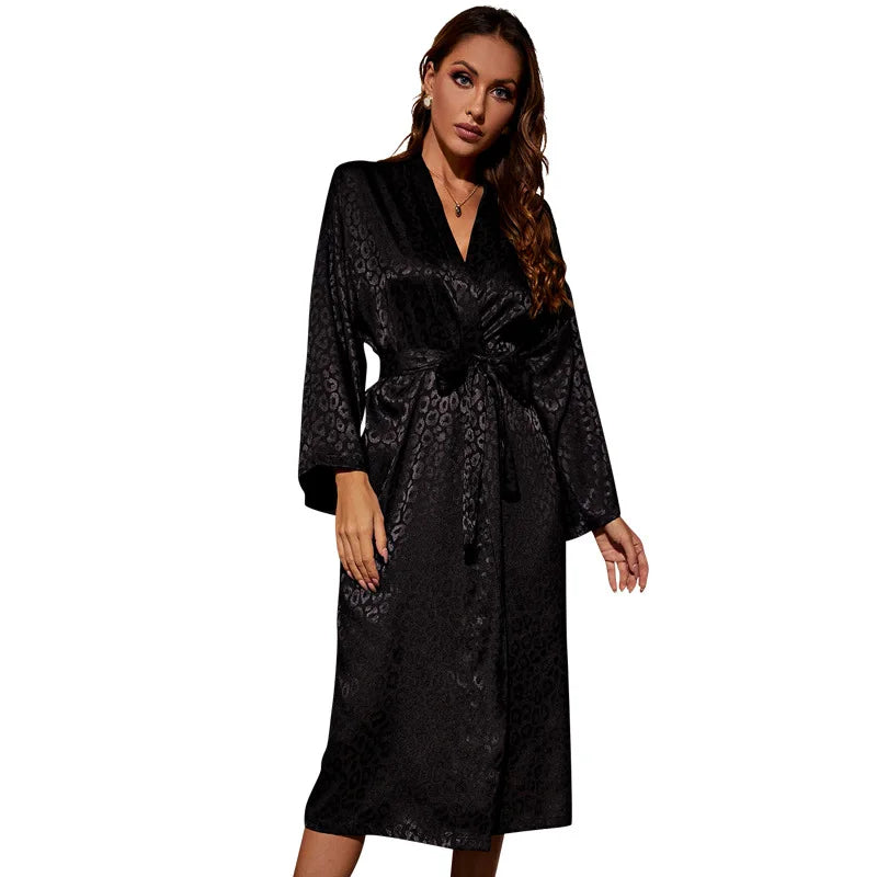 Female Robe Black Print Leopard Kimono Bathrobe Gown with Belt Sexy V-Neck Nightgown Sleepwear Loose Silk Satin Home Dress