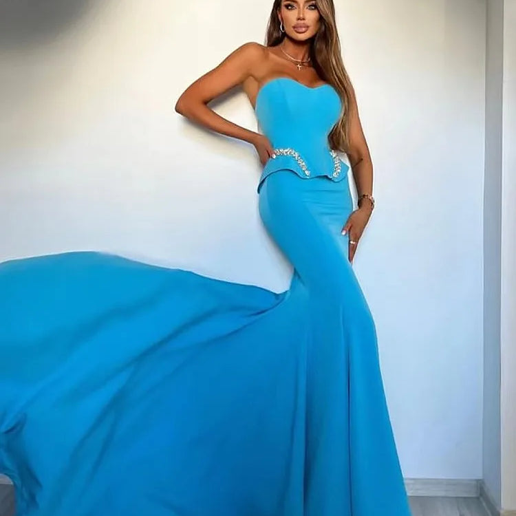 Blue Color Woman Bandage Set Shining Diamonds Strapless Top And Mid Calf Mermaid Skirt 2 Piece Set Cocktail Party Outfit