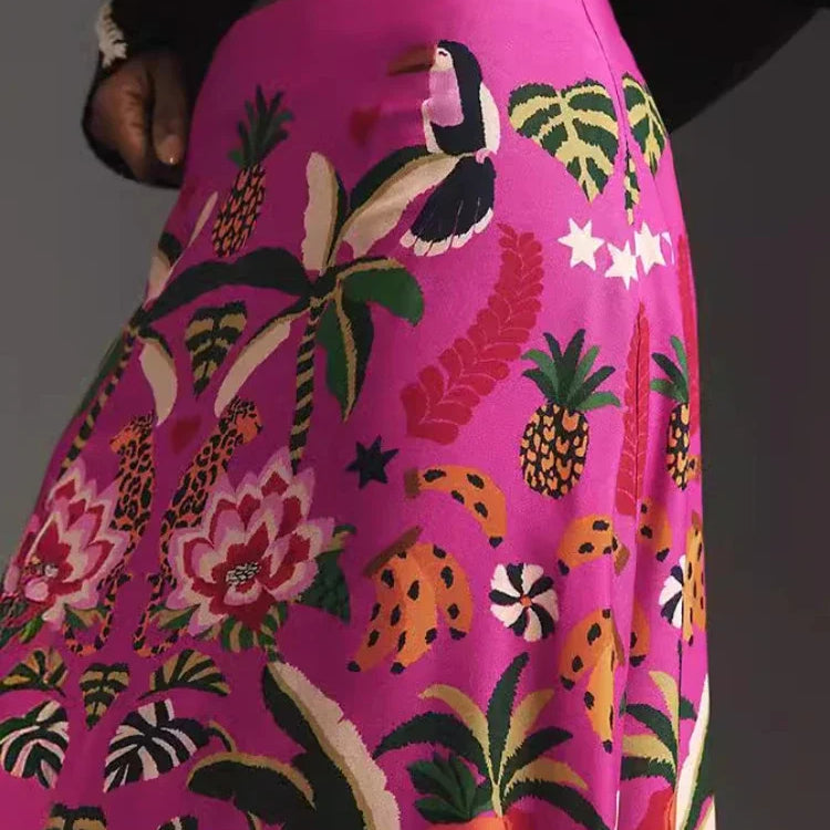 Spring/Summer New Street Tropical Plant Print Retro Half Skirt Women's Elegant Lower Half Colored Printed Half Skirt
