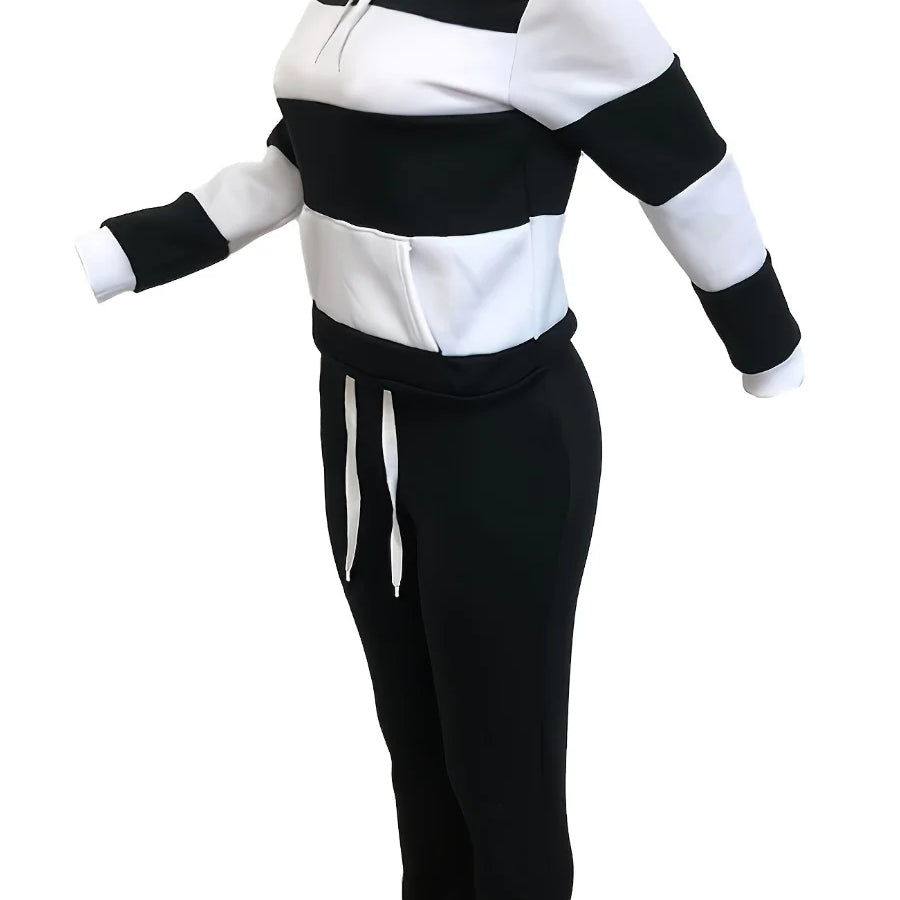 LW Plus Size Sporty Hooded Collar Striped Tracksuit Set Black White Patchwork Kangaroo Pocket Design Tracksuit Sportswear Set