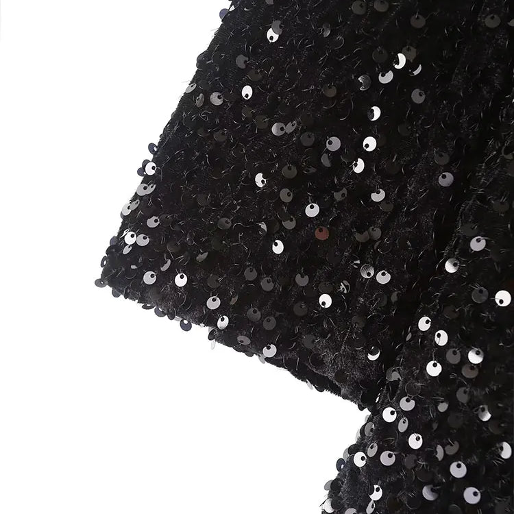 TRAF 2023 Autumn New Fashion Women Shiny Double-breasted Sequins Suit Jacket Female Coat Black Slim Fit Blazers with Belt