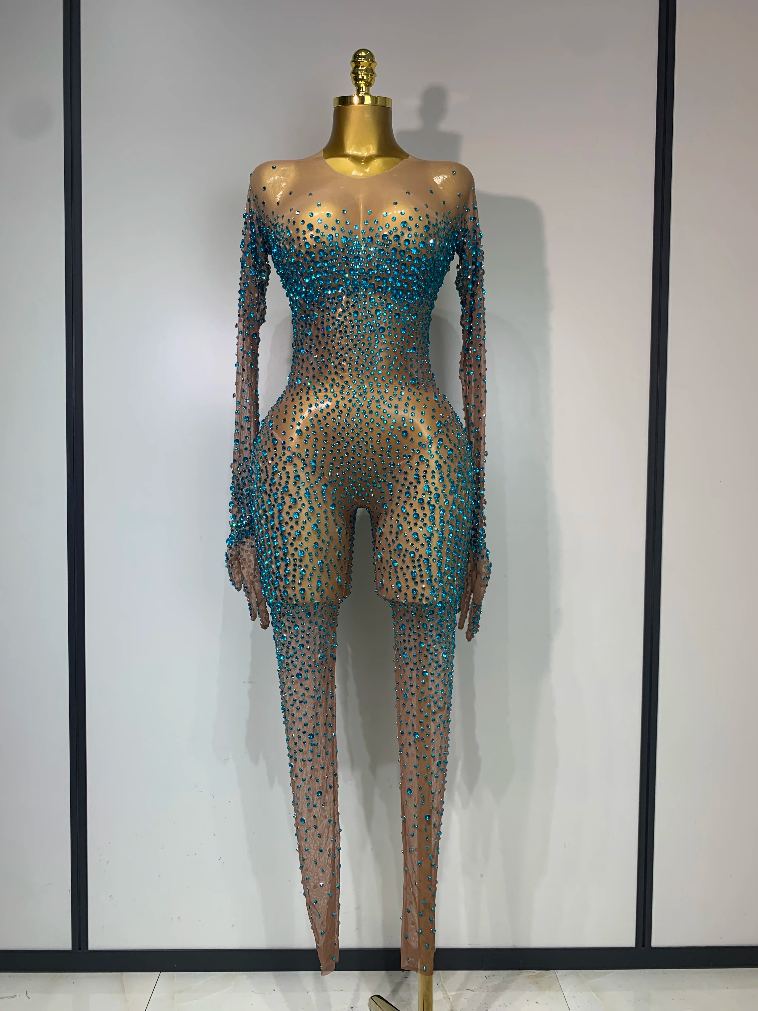 Luxury Rhinestones Bodycon Jumpsuit Sexy Women Mesh See Through Birthday Gown Women Bar Nightclub Dancer Stage Outfit