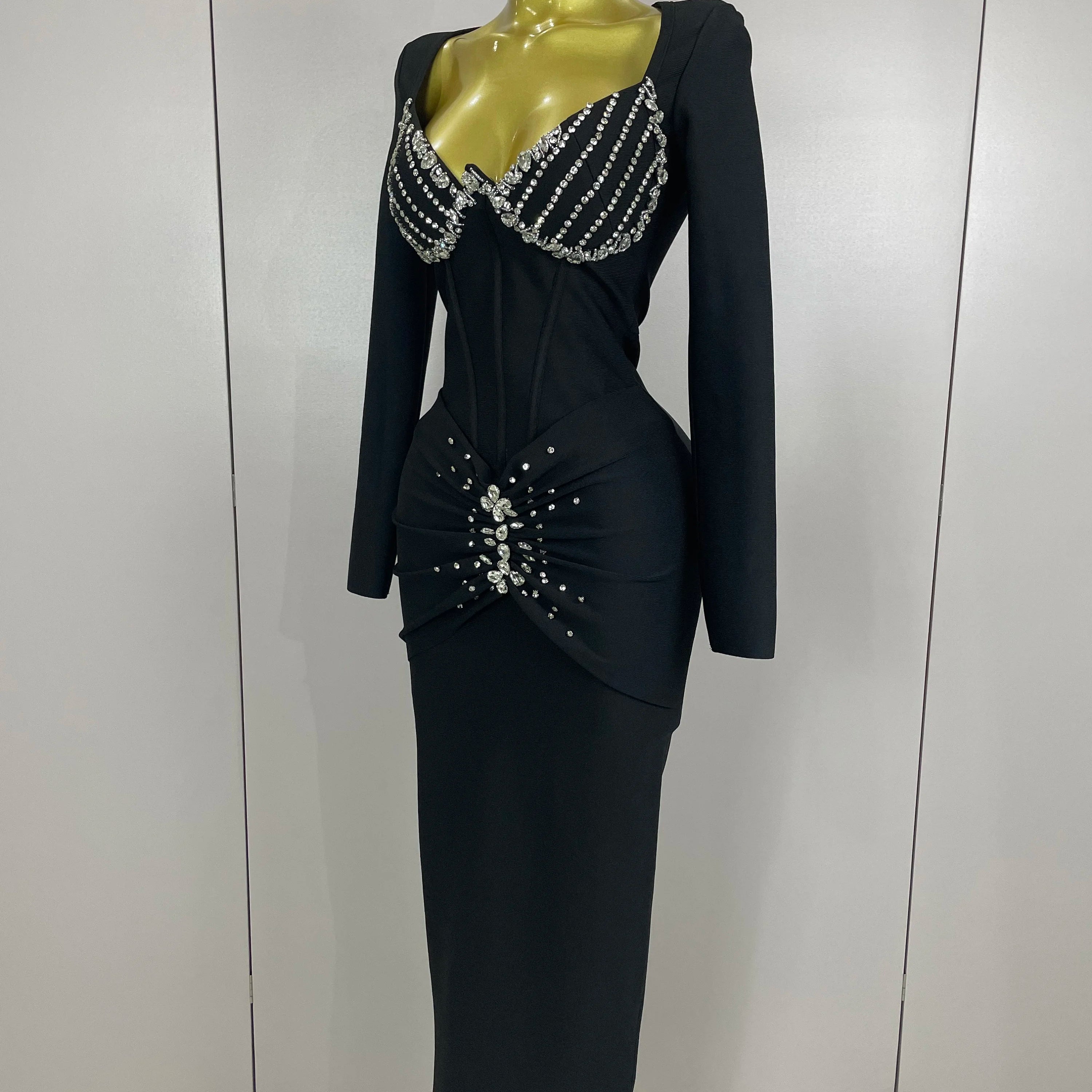 Sexy Luxury Sparkly Beading Bandage Long Sleeve Bodycon Dress   2025 New Women Celebrity Party Elegant Evening Club Pary Dresses