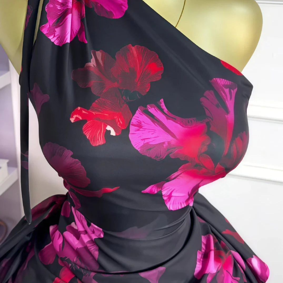 CM.YAYA Women Floral Printed One Shoulder Sleeveless Stacked Ruched Bodycon Midi Maxi Long Dress 2025 Sexy Party Evening Dresses