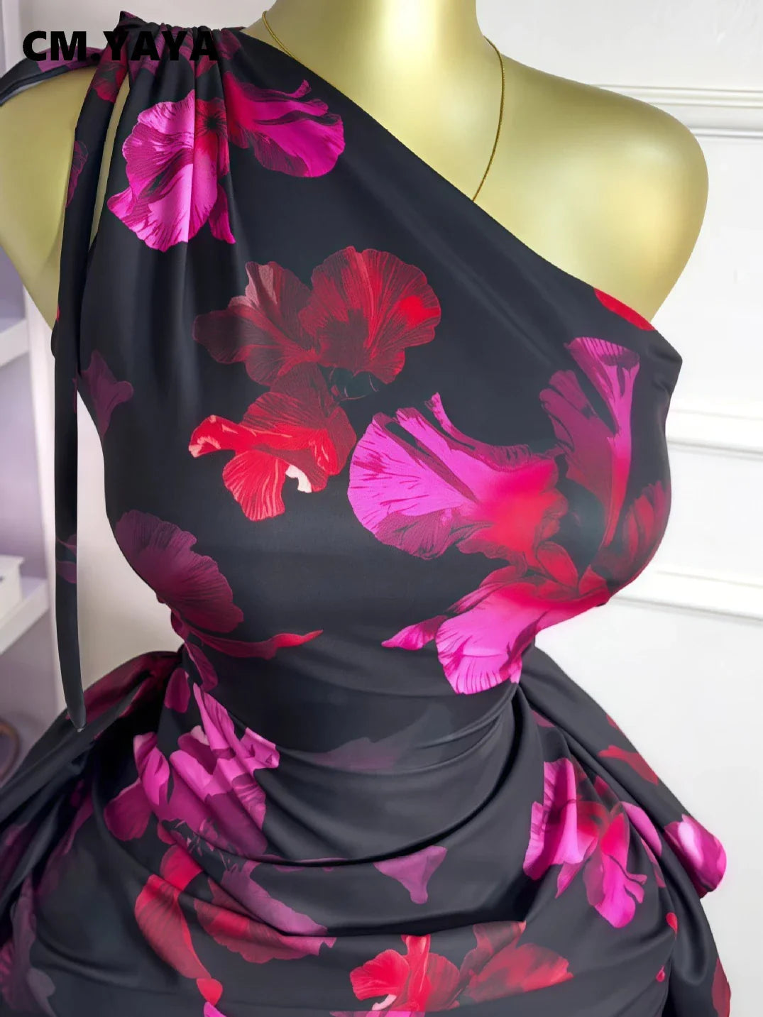 CM.YAYA Women Floral Printed One Shoulder Sleeveless Stacked Ruched Bodycon Midi Maxi Long Dress 2025 Sexy Party Evening Dresses