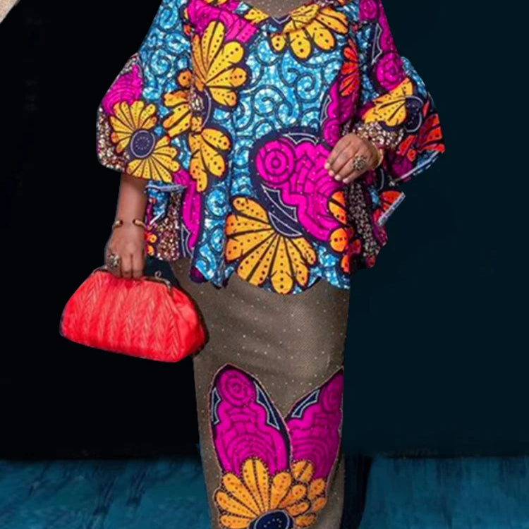 Plus Size VONDA Women Sets 2025 Fashion Suit 3/4 Flare Sleeve Floral Printed Tops And Elastic Waist Maxi Skirts 2Pcs Sets