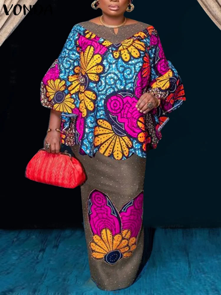 Plus Size VONDA Women Sets 2025 Fashion Suit 3/4 Flare Sleeve Floral Printed Tops And Elastic Waist Maxi Skirts 2Pcs Sets