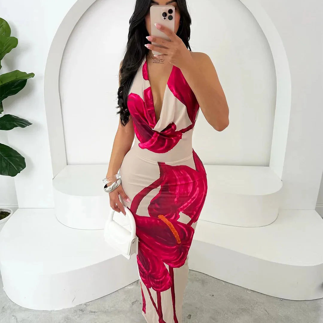 CM.YAYA Women Sleeveless floral Print pile neck backless bodycon midi maxi Dress Summer Evening Sexy Party long Dresses Vestidos