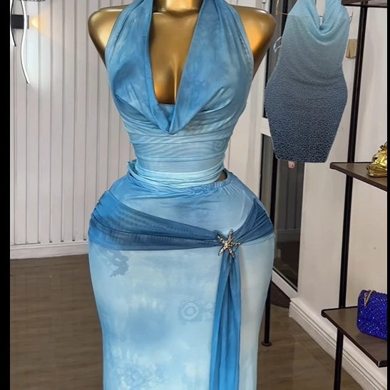 CM.YAYA Women Tie Dye Printed Halter Pile Neck Crop Top and Bodycon Midi Maxi Long Skirt Suit 2025 Summer Two 2Piece Set Outfits