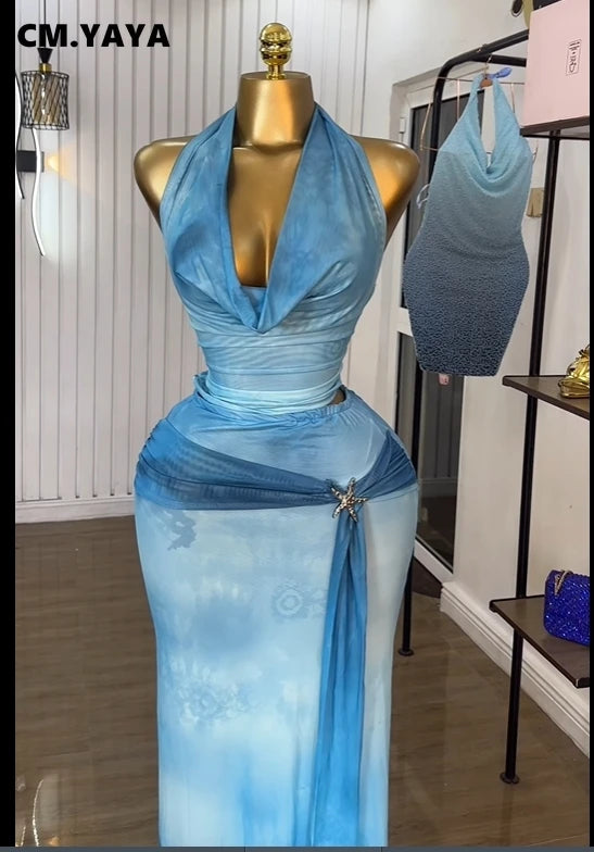 CM.YAYA Women Tie Dye Printed Halter Pile Neck Crop Top and Bodycon Midi Maxi Long Skirt Suit 2025 Summer Two 2Piece Set Outfits