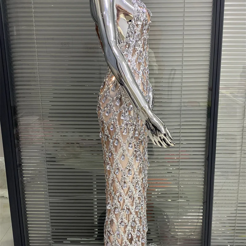 Shinning Big Crystal Women Sleeveless Sexy Halter Bodycon Long Dress Celebrate Birthday Party Nightclub Outfit Vestido