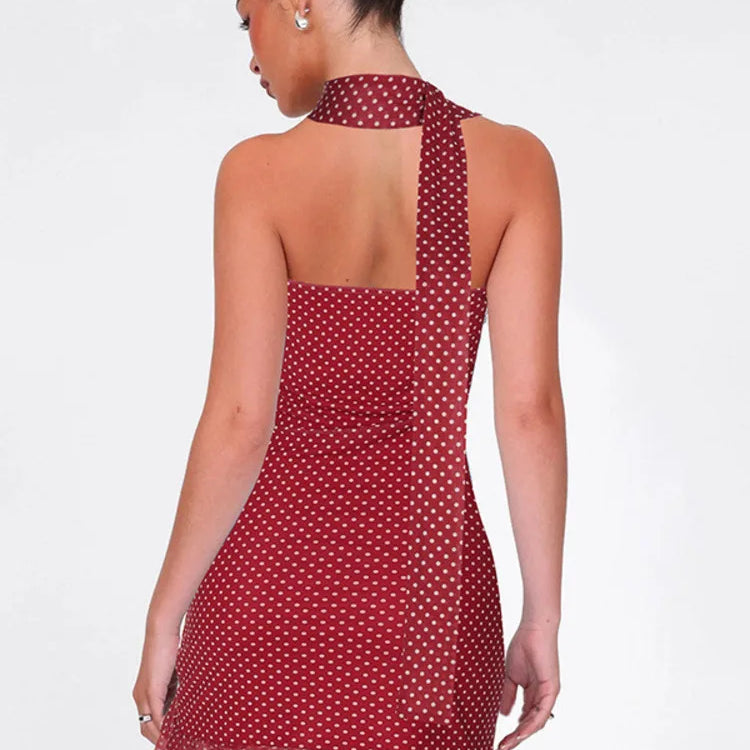 Scarf Collar Polka Dot Mini Dress Women Robe Fashion Off-shoulder Backless Sleeveless Ruffled Club Party Dress Vestido