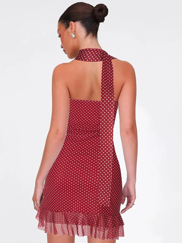 Scarf Collar Polka Dot Mini Dress Women Robe Fashion Off-shoulder Backless Sleeveless Ruffled Club Party Dress Vestido