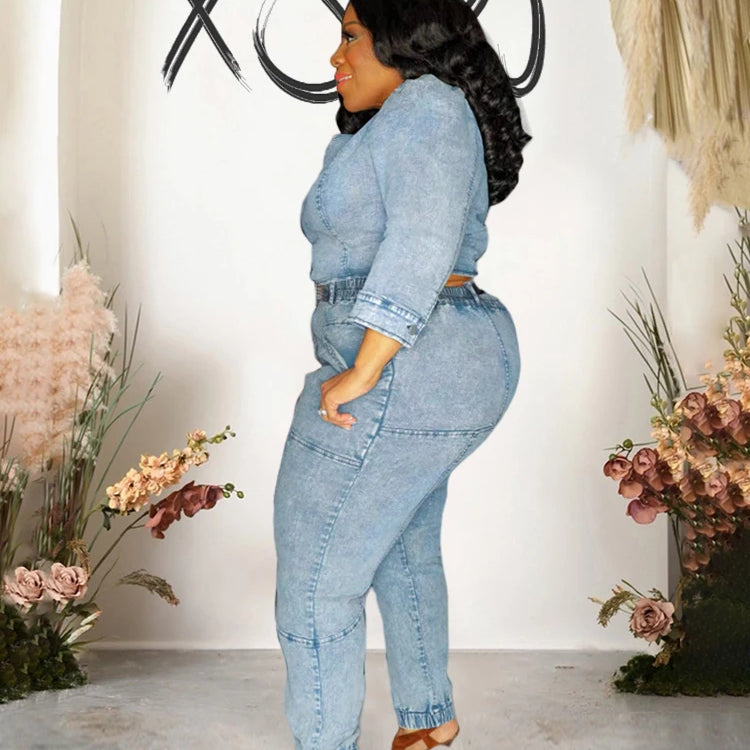 Two Piece Set Women Top and Pants Fashion Sexy One Shoulder Top Elastic Jeans Plus Size Matching Sets Wholesale Dropshipping