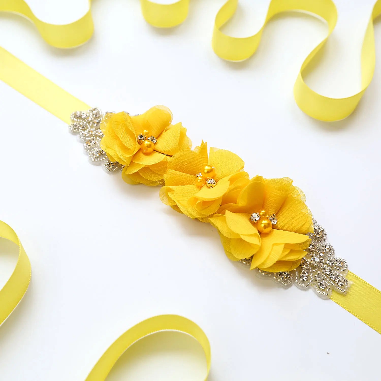 Wedding Accessories Bridal Belts Satin Flower Sash Woman Girl Belts Flower Bead Belts Floral Belt Wedding Rhinestone Flower Belt 2-Yellow